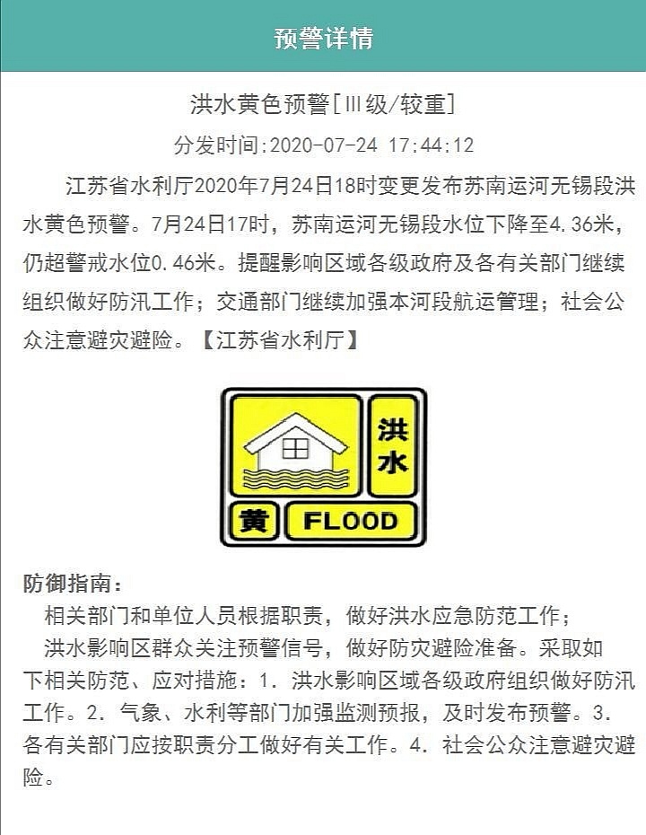 江蘇24日18時變更發佈蘇南運河無錫段洪水黃色預警-圖1