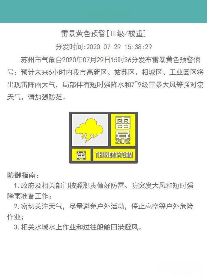 雷暴+大風+雷陣雨, 蘇州氣象臺發佈雷暴黃色預警-圖1