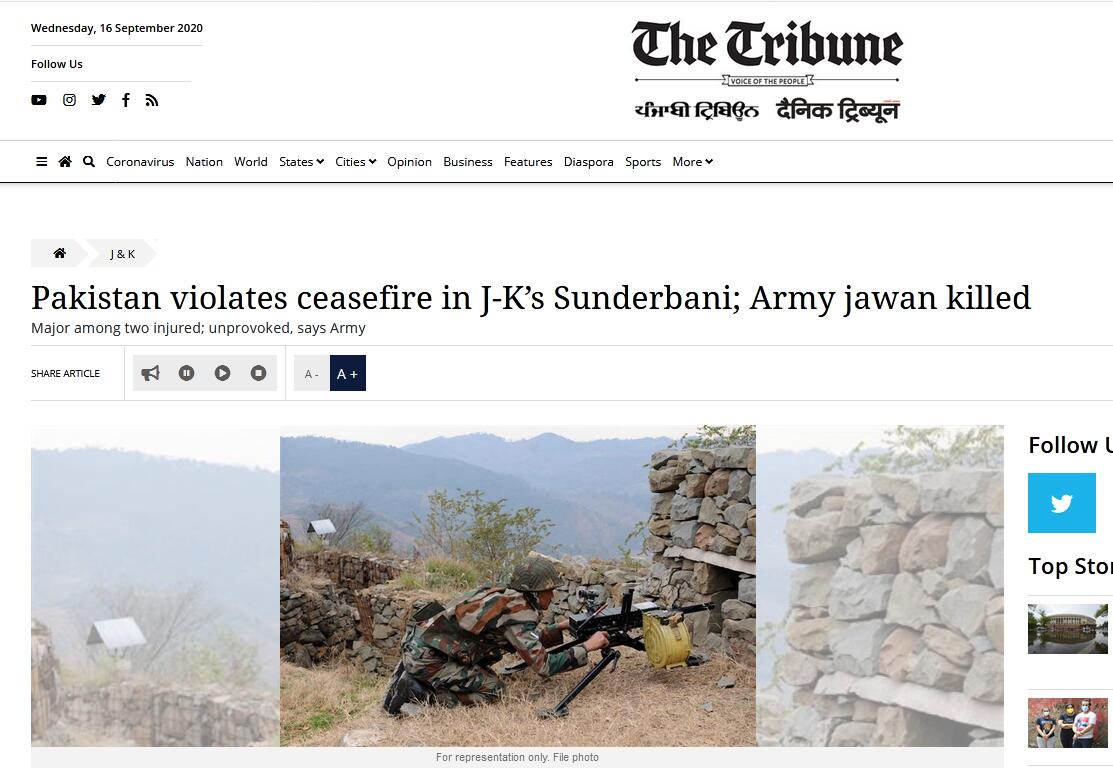 印巴再交火! 印媒: 造成1名印度士兵死亡, 2人受傷-圖1