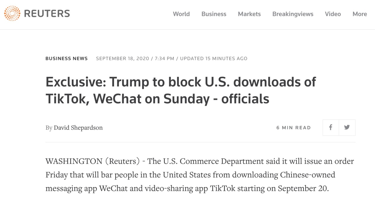 外媒: 美政府計劃9月20日起禁止在美境內下載TikTok和微信, 在等特朗普拍板-圖1