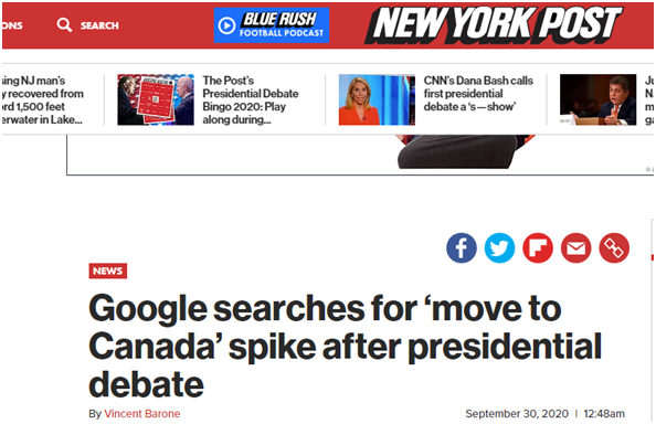 尷尬! 特朗普與拜登首場對決結束, “搬去加拿大”等關鍵詞在谷歌搜索量飆升-圖1