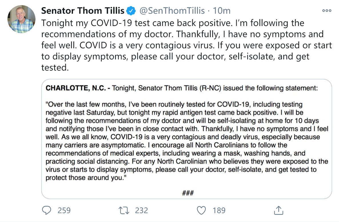 快訊! 美國共和黨籍參議員湯姆·提利斯新冠病毒檢測呈陽性-圖1