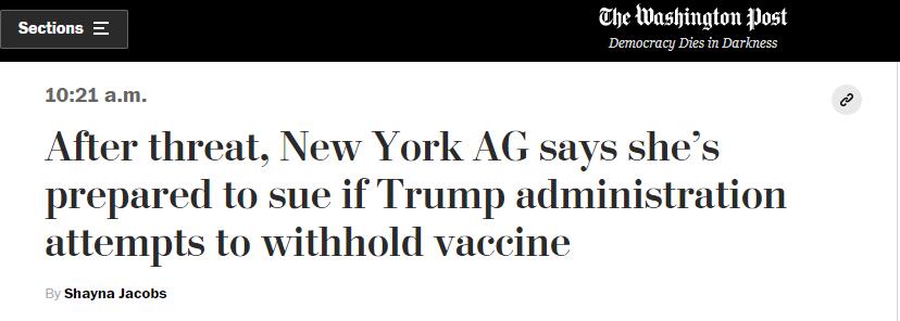 紐約州總檢察長: 如果拒向紐約州提供新冠疫苗, 將起訴特朗普政府-圖1