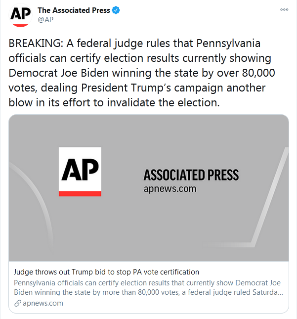美媒: 一聯邦法官判定, 拜登以超8萬張選票贏下賓夕法尼亞州-圖1