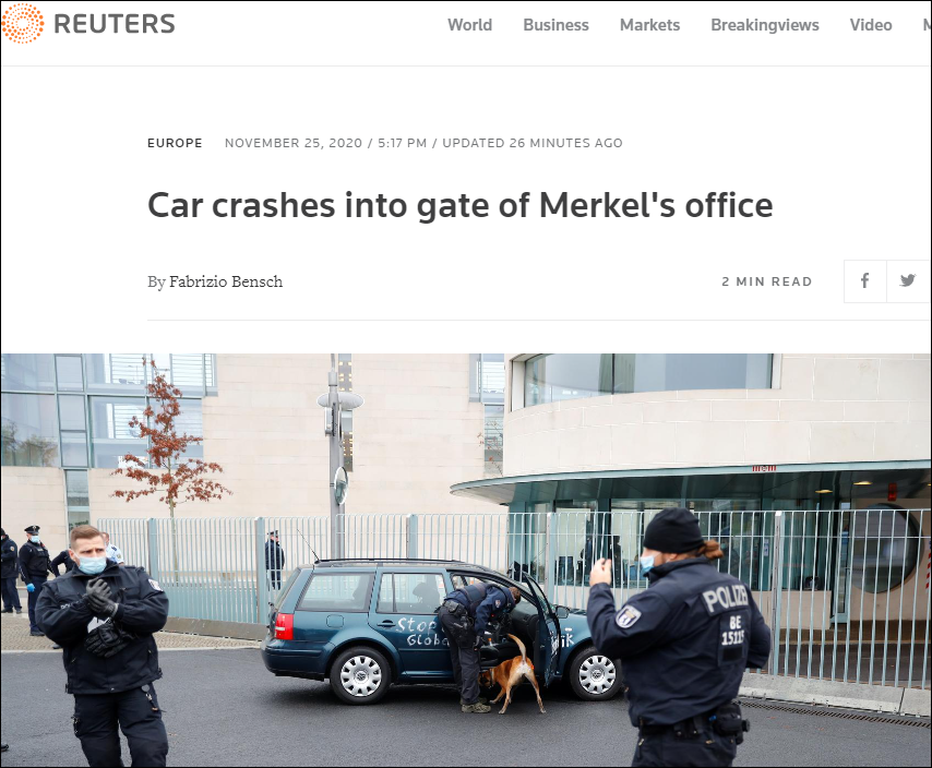 外媒: 突發! 一輛汽車撞上德國總理府辦公樓大門-圖1