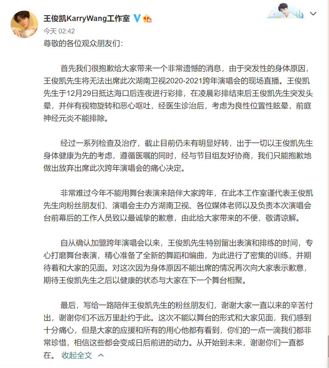王俊凱因突發性身體原因, 退出湖南衛視跨年演唱會-圖1