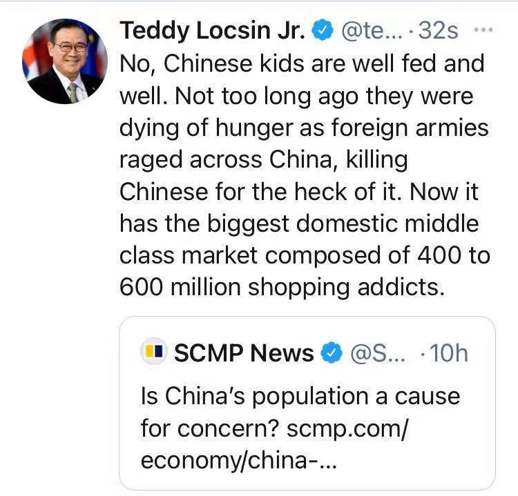 剛剛, 菲律賓外長發推: 不久前外國軍隊還在肆虐中國, 如今中國已經有瞭最大的中產階層市場-圖1
