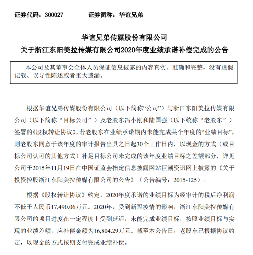 馮小剛已向華誼兄弟支付1.68億元現金補償-圖1