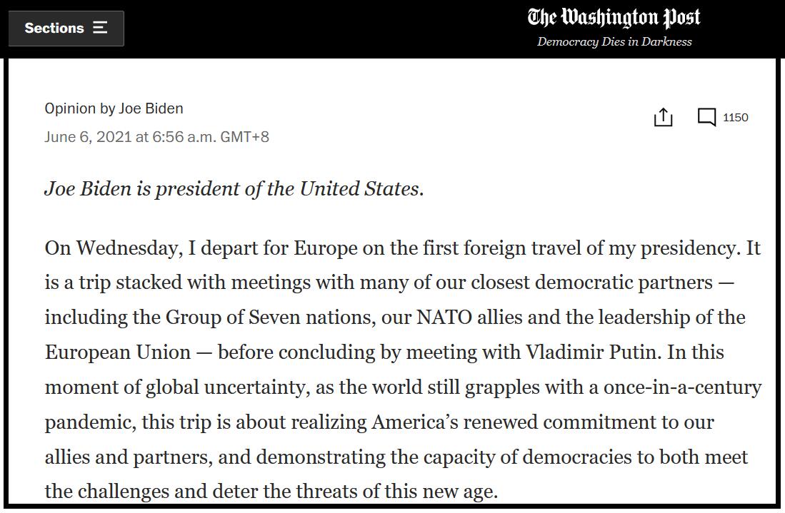 拜登訪歐前在美媒發文: 無論對抗中俄還是疫情, 美國必須以實力地位領導世界-圖1