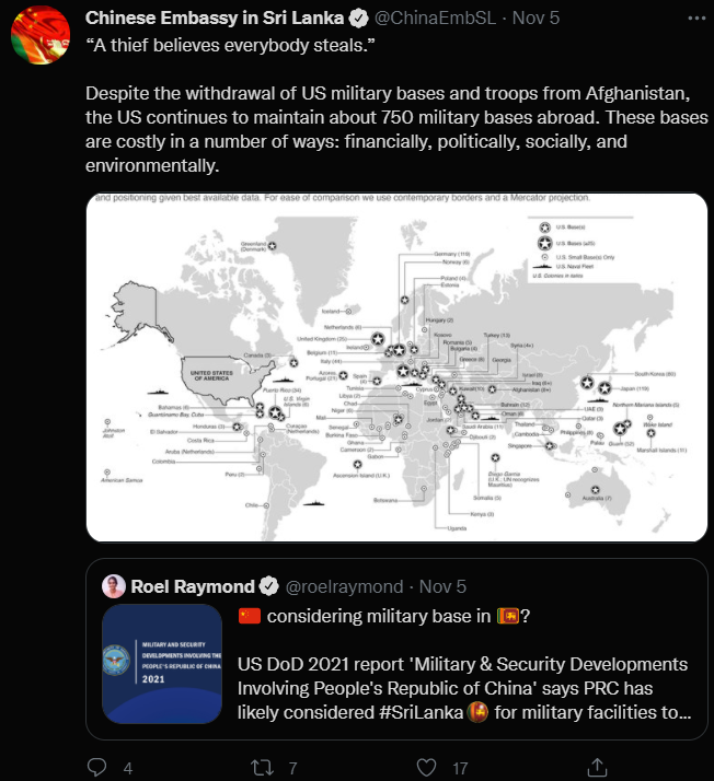 美國聲稱“中國考慮在斯裡蘭卡建軍事基地”，中國大使館回擊：小偷看誰都是小偷-圖1